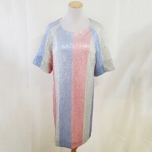 Cesar Galindo pastel striped sequin dress shift shirt dress pink and blue